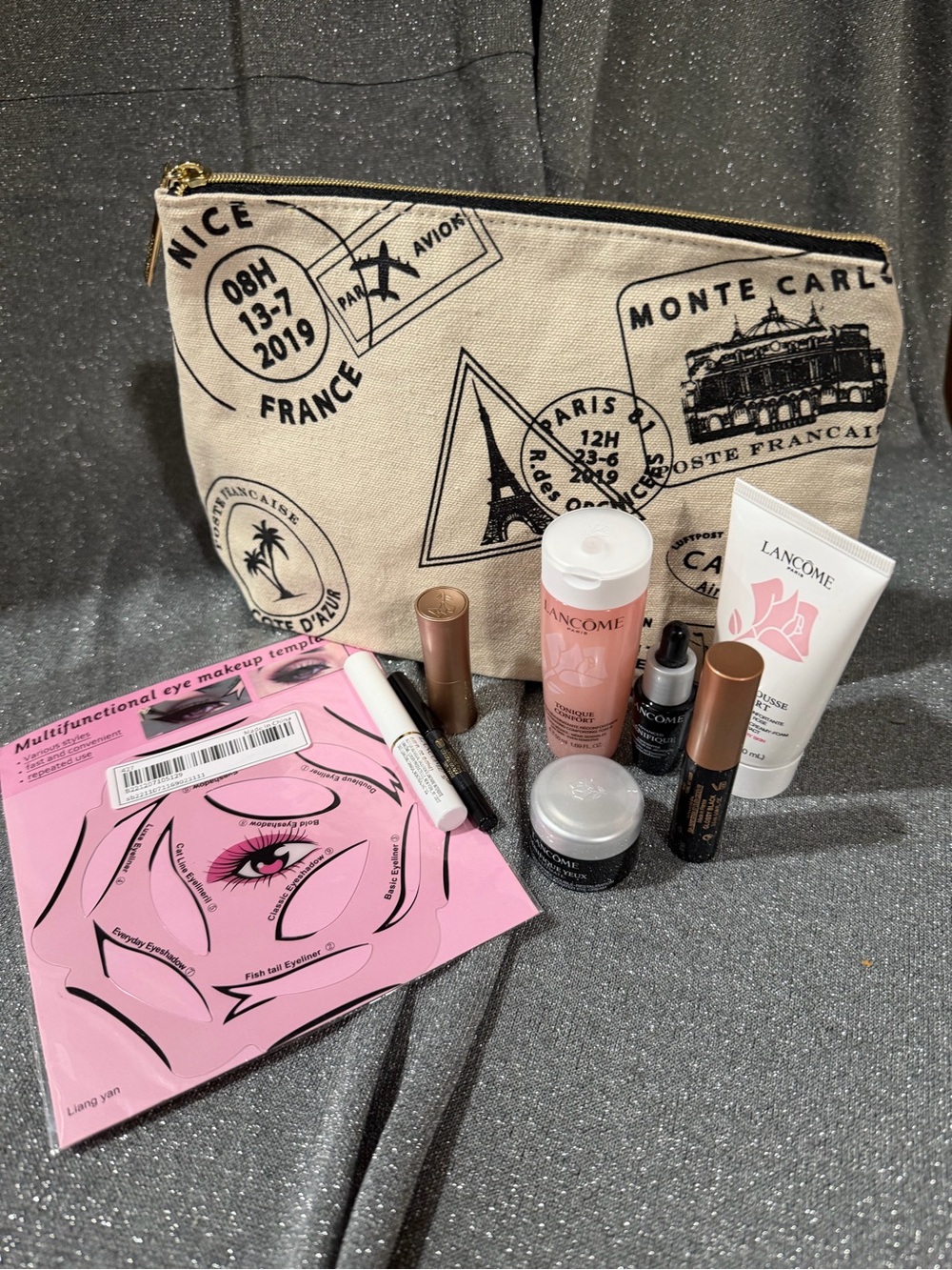 Lancôme canvas Travel stamps Makeup Bag Set/ 8 pieces woman skincare new